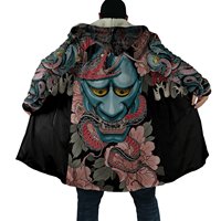 Drop shipping zima mężczyzna płaszcz samuraj Oni maska tatuaż drukowanie 3D polar płaszcz z kapturem Unisex dorywczo gruba ciepła peleryna PF31 3